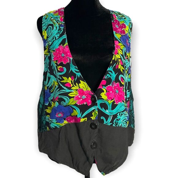 Atlast Studio Vest Women's Medium Multicolor Floral Print Boho Beaded Lace VTG - Picture 6 of 10